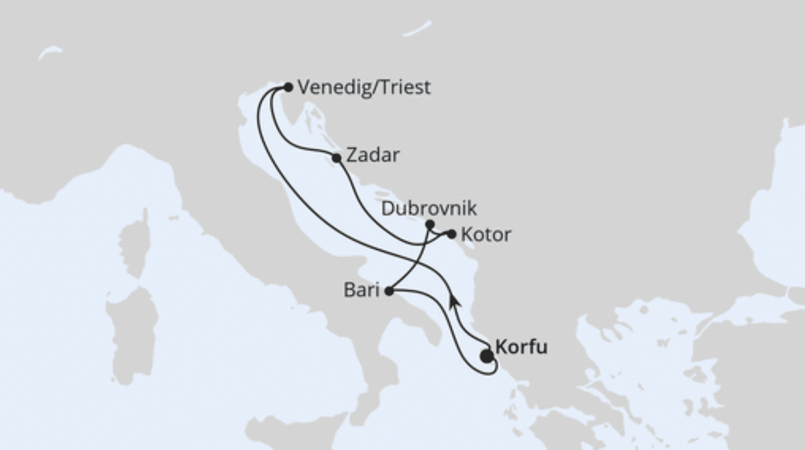 Routenkarte Adria ab Korfu mit Venedig oder Triest, Koper, Rijeka, Korčula, Bari und Korfu