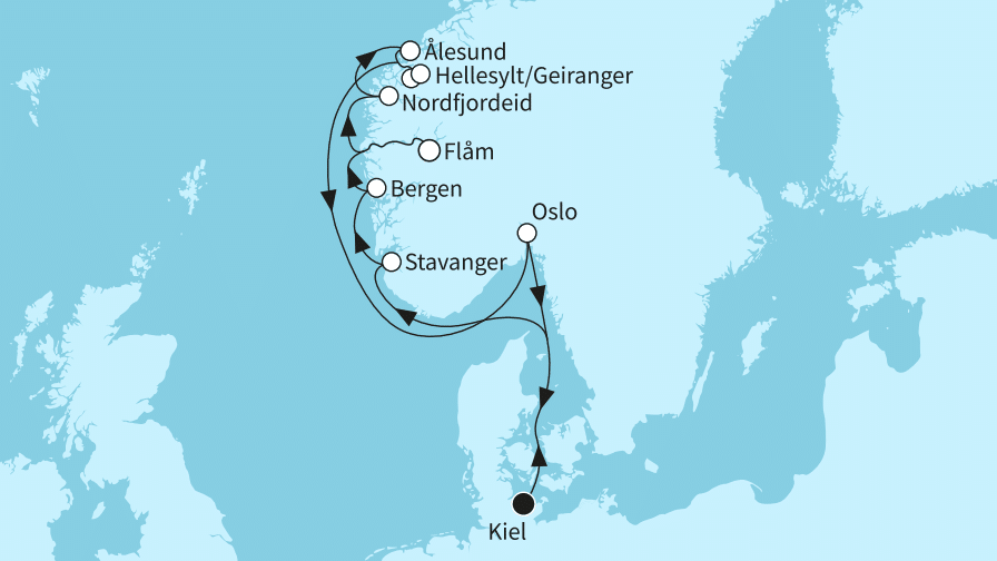 11 Nächte - Natur pur in Norwegens Fjorden - ab/bis Kiel Route
