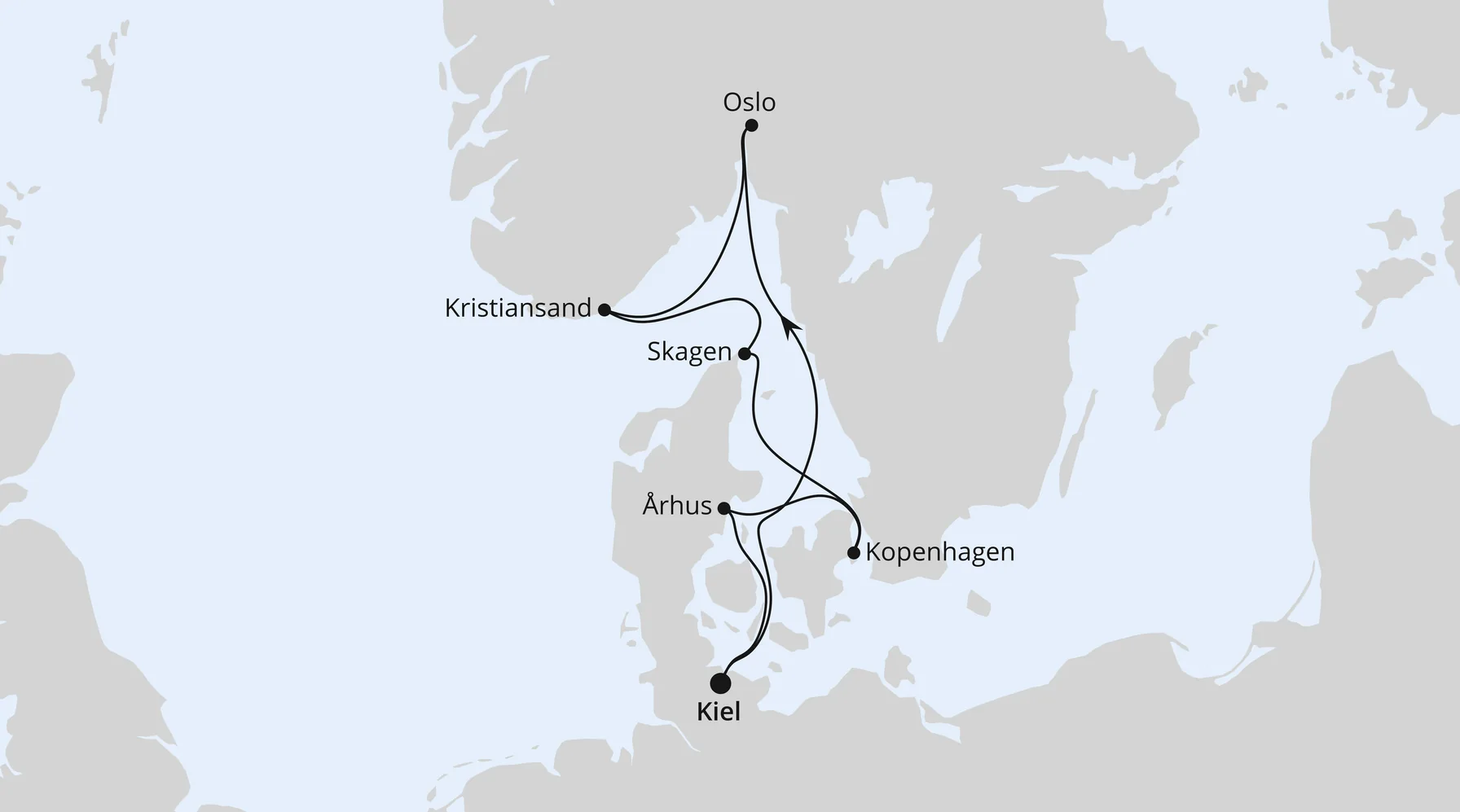 Routenkarte Skandinavische Highlights ab Kiel