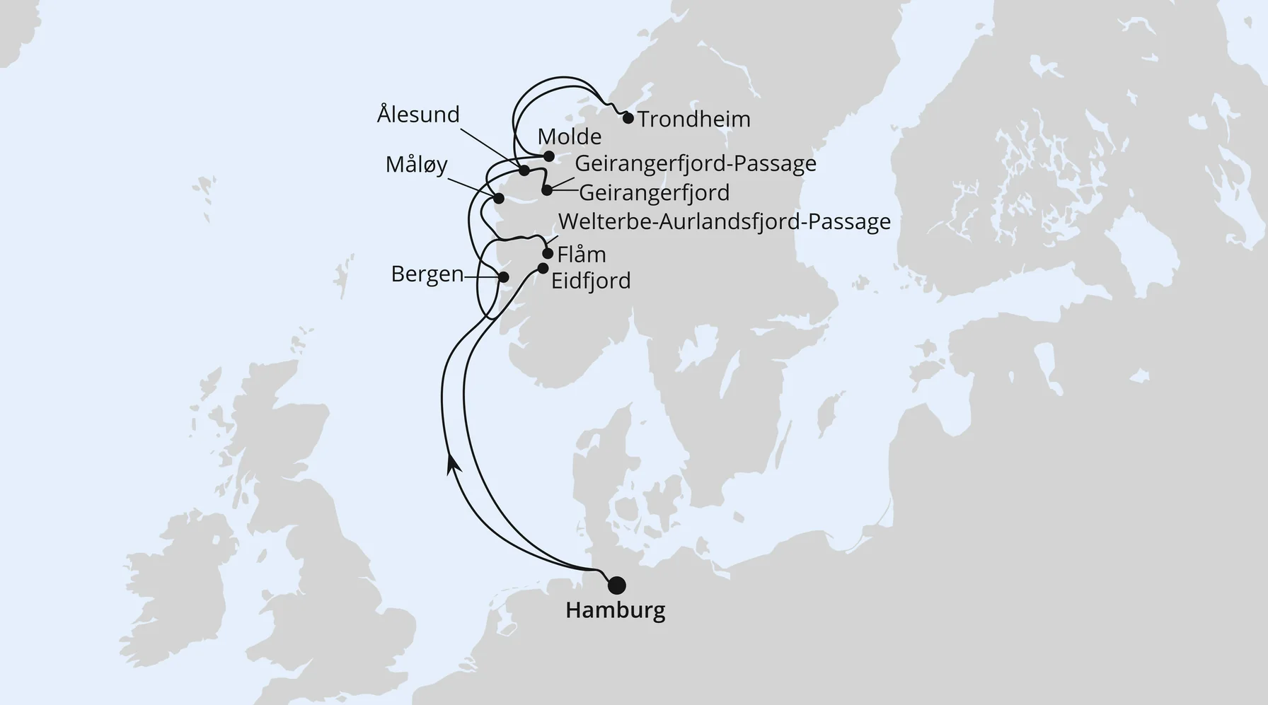 Routenkarte Norwegens Fjord-Weltnaturerbe ab Hamburg