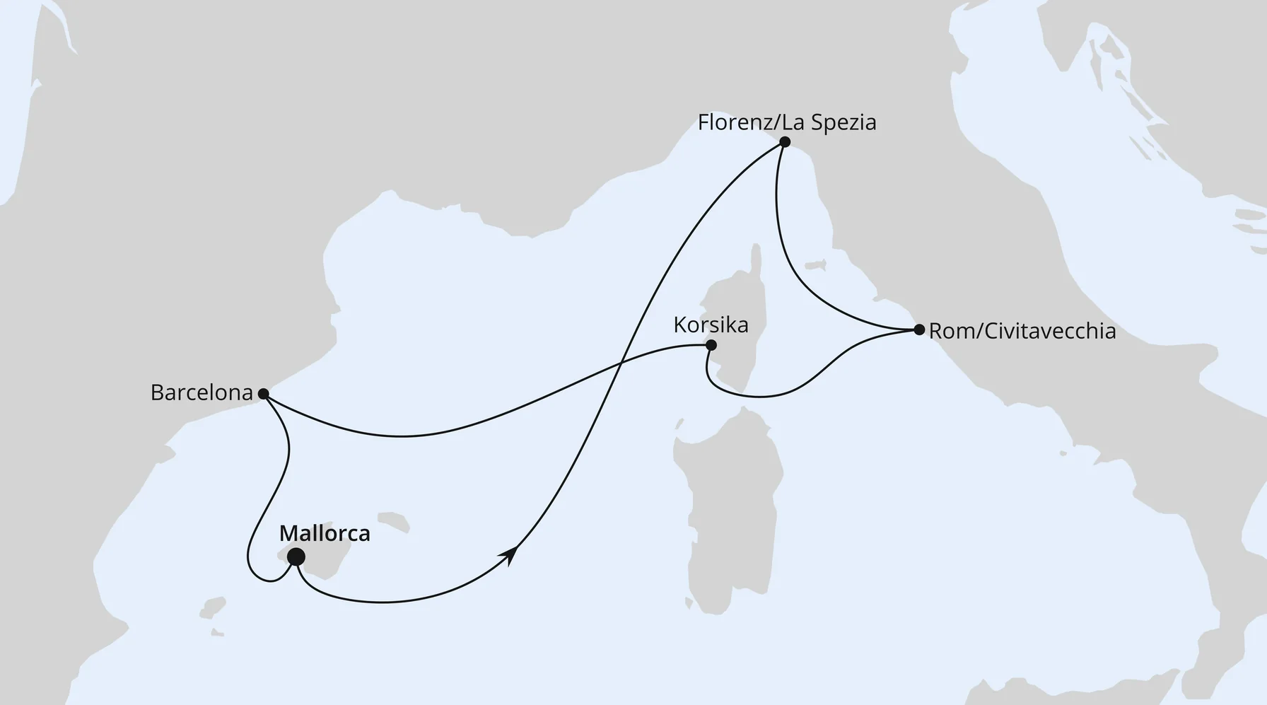 Routenkarte Mediterrane Schätze mit Korsika ab Mallorca