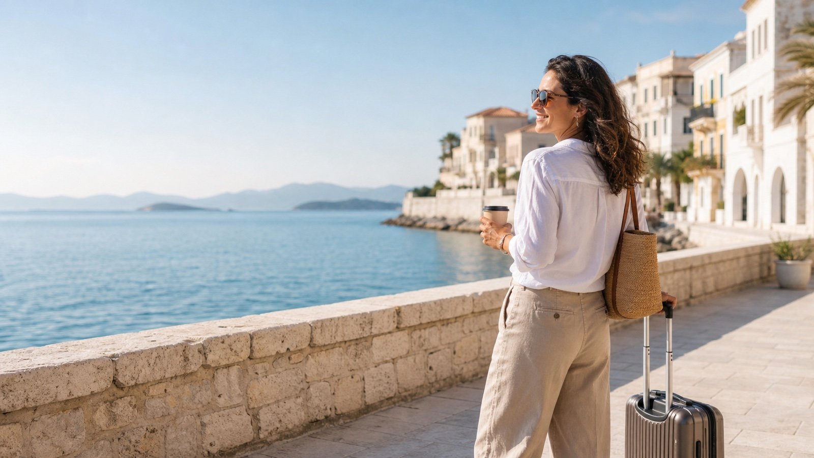 Alleinreisende genießt sonnige Urlaubsstimmung an einer mediterranen Küste