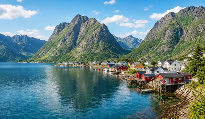 Nordeuropäische Fjordlandschaft mit bunten Häusern und Bergen