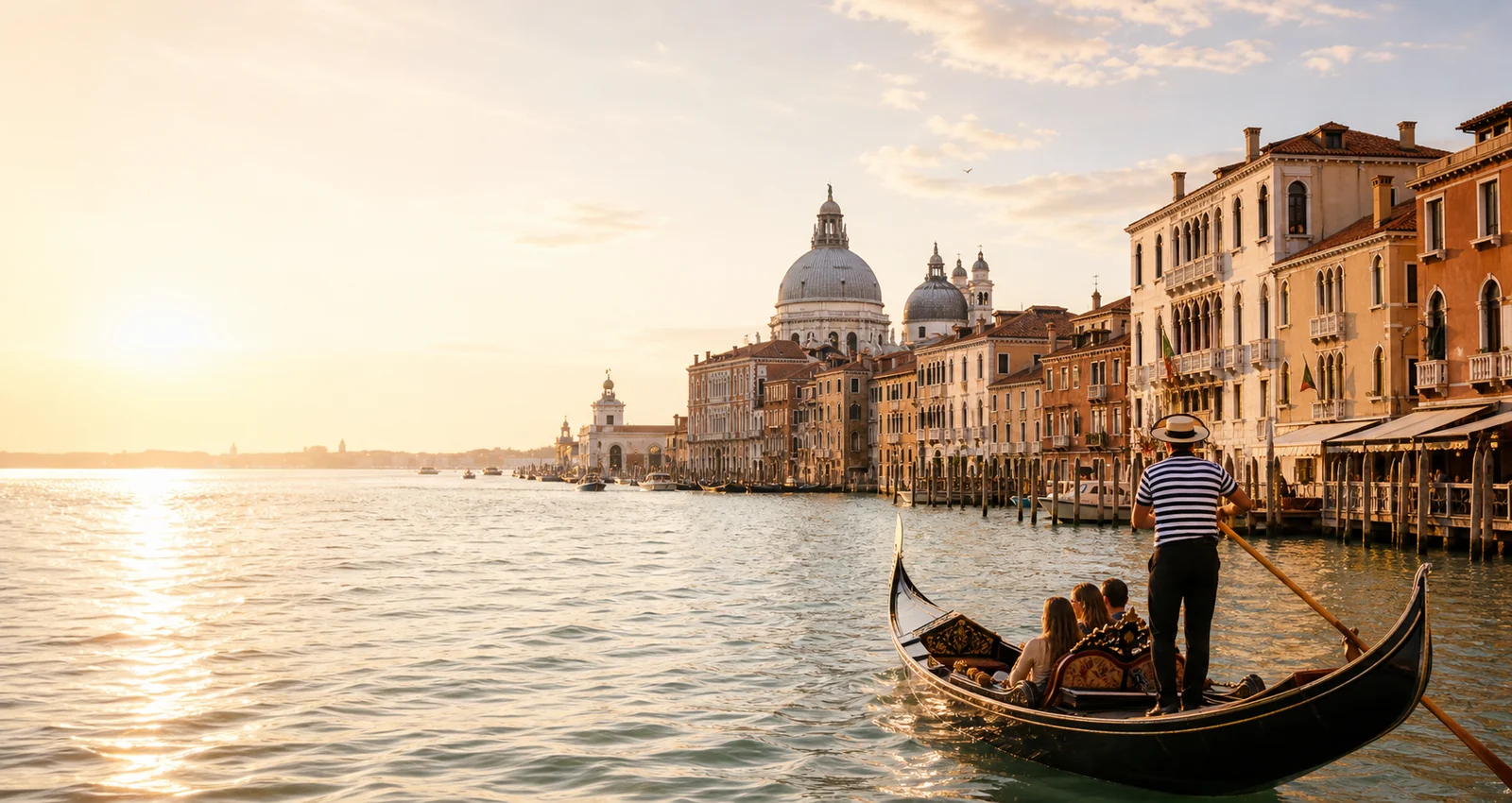 Gondelfahrt in Venedig bei warmem Abendlicht mit historischen Geb&auml;uden am Wasser