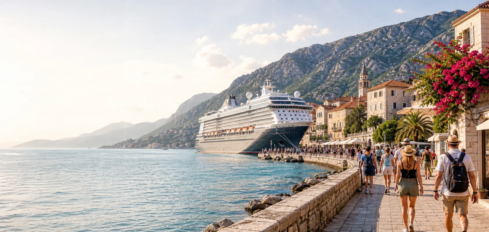 Kreuzfahrtschiff vor einer mediterranen Küstenstadt mit Promenade und Ausflugsgruppen