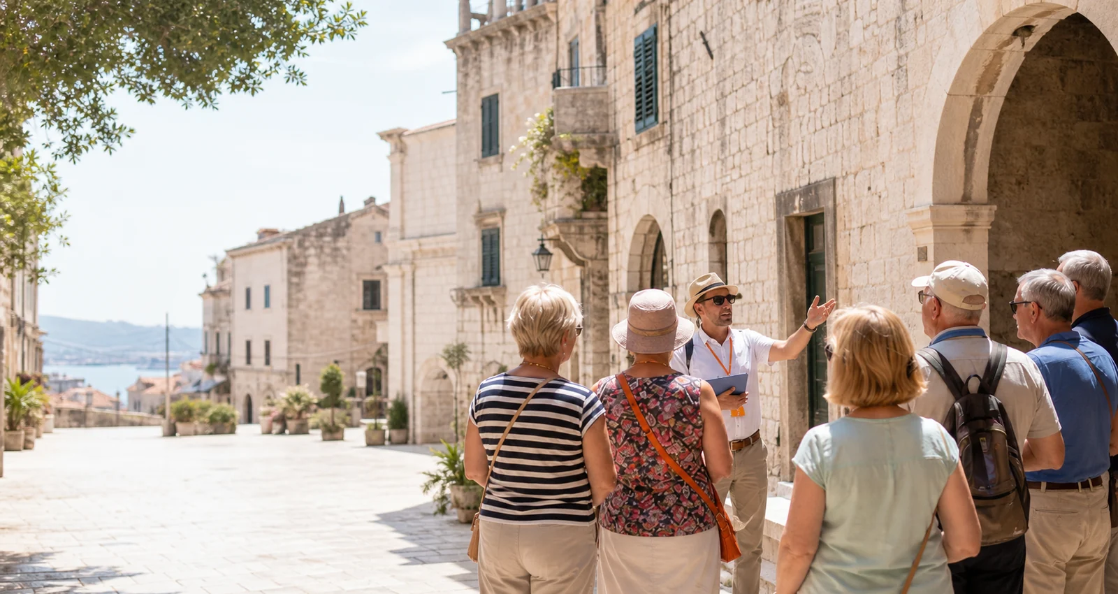 Geführte Landausflugsgruppe in einer mediterranen Altstadt