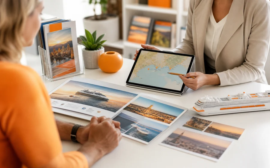 Persönliche Kreuzfahrtberatung mit Tablet und Reiseunterlagen