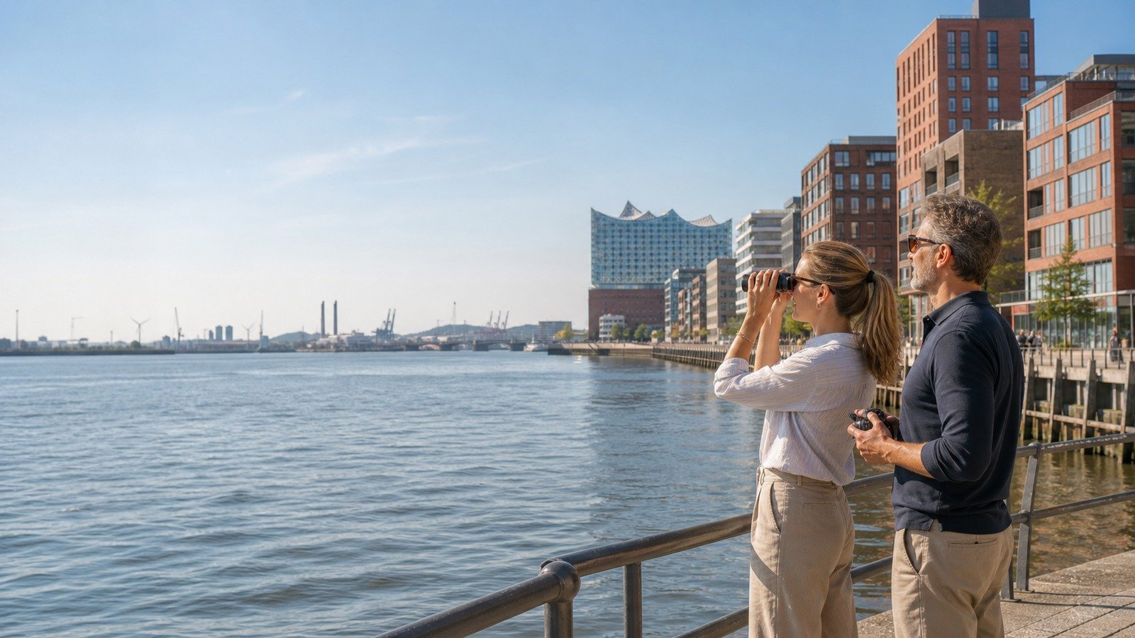 Zwei Reisende blicken von der Hamburger HafenCity mit einem Fernglas über die Elbe