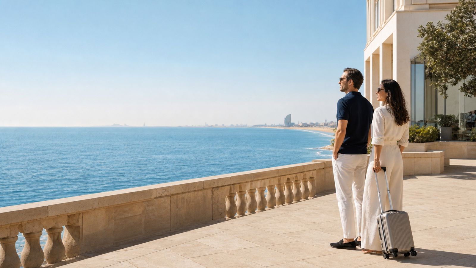 Zwei Reisende mit Koffer auf einer hellen Terrasse mit Blick auf das Mittelmeer